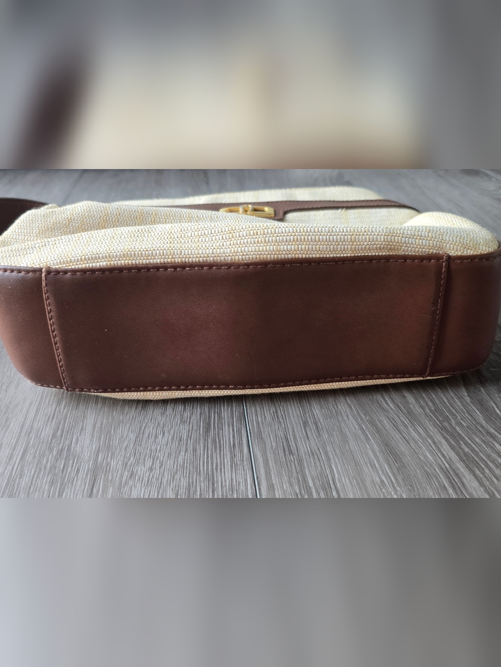 Etienne Aigner Woven Shoulder Bag Ivory Brown Manmade Trim Gold Turn Lock Vtg - Picture 6 of 13